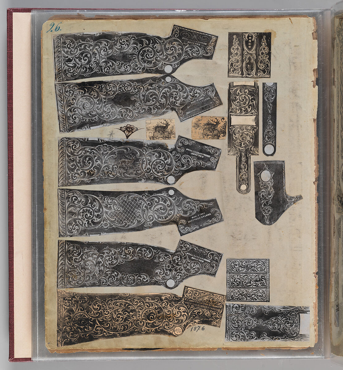 Workbook Recording the Engraved Firearms Ornament of Louis D. Nimschke (1832–1904), Louis Daniel Nimschke (American, born Ebersdorf, Reuss Schleiz, Germany July 14, 1832–April 9, 1904 Brooklyn, New York), Ink on paper, leather binding, American, New York