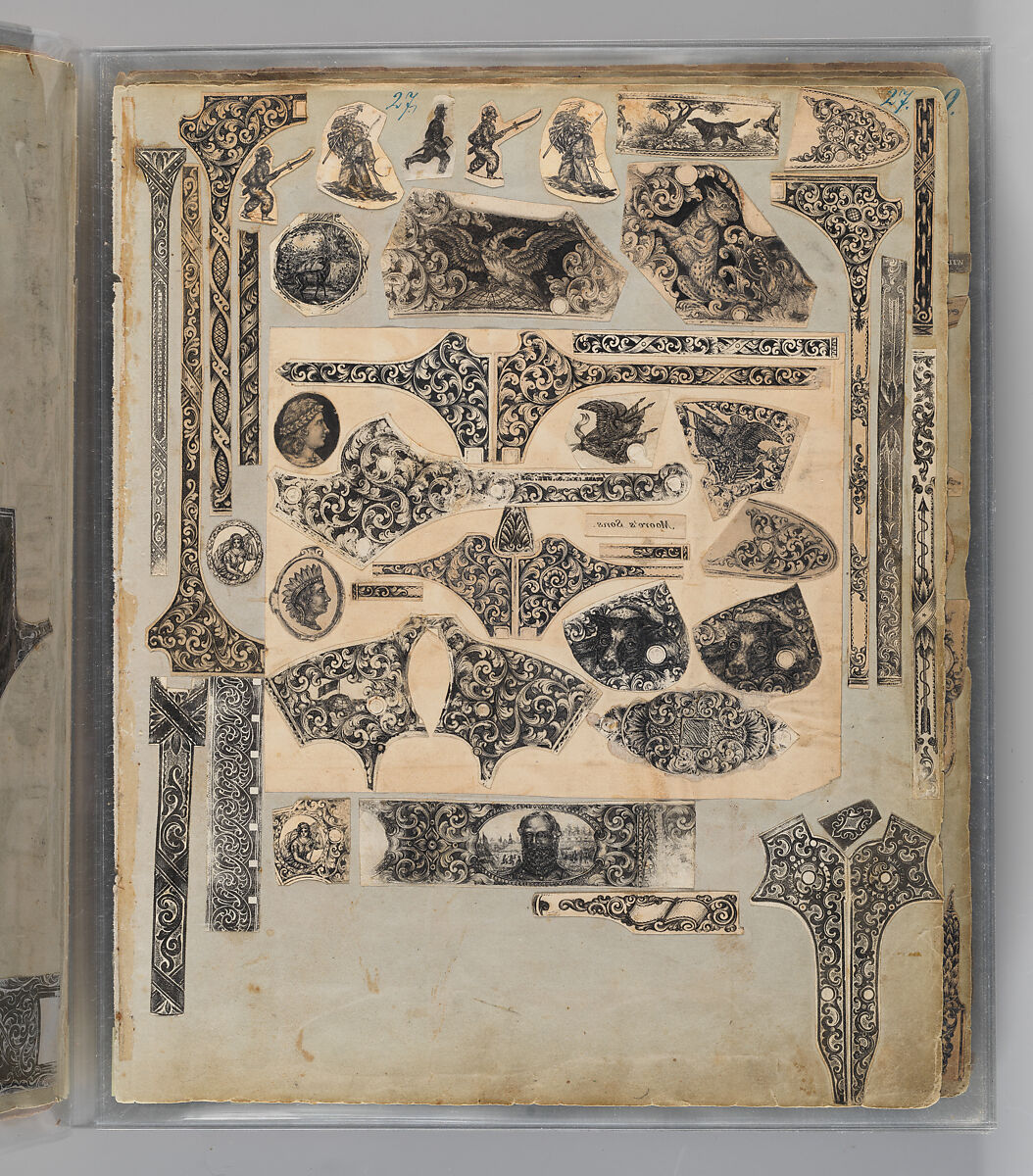 Workbook Recording the Engraved Firearms Ornament of Louis D. Nimschke (1832–1904), Louis Daniel Nimschke (American, born Ebersdorf, Reuss Schleiz, Germany July 14, 1832–April 9, 1904 Brooklyn, New York), Ink on paper, leather binding, American, New York