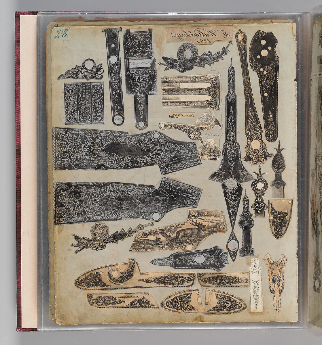 Workbook Recording the Engraved Firearms Ornament of Louis D. Nimschke (1832–1904), Louis Daniel Nimschke (American, born Ebersdorf, Reuss Schleiz, Germany July 14, 1832–April 9, 1904 Brooklyn, New York), Ink on paper, leather binding, American, New York