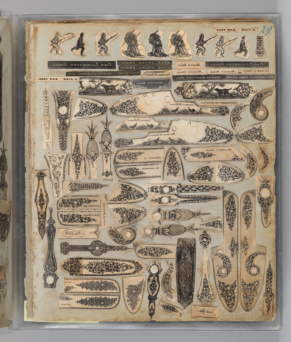 Workbook Recording the Engraved Firearms Ornament of Louis D. Nimschke (1832–1904), Louis Daniel Nimschke (American, born Ebersdorf, Reuss Schleiz, Germany July 14, 1832–April 9, 1904 Brooklyn, New York), Ink on paper, leather binding, American, New York
