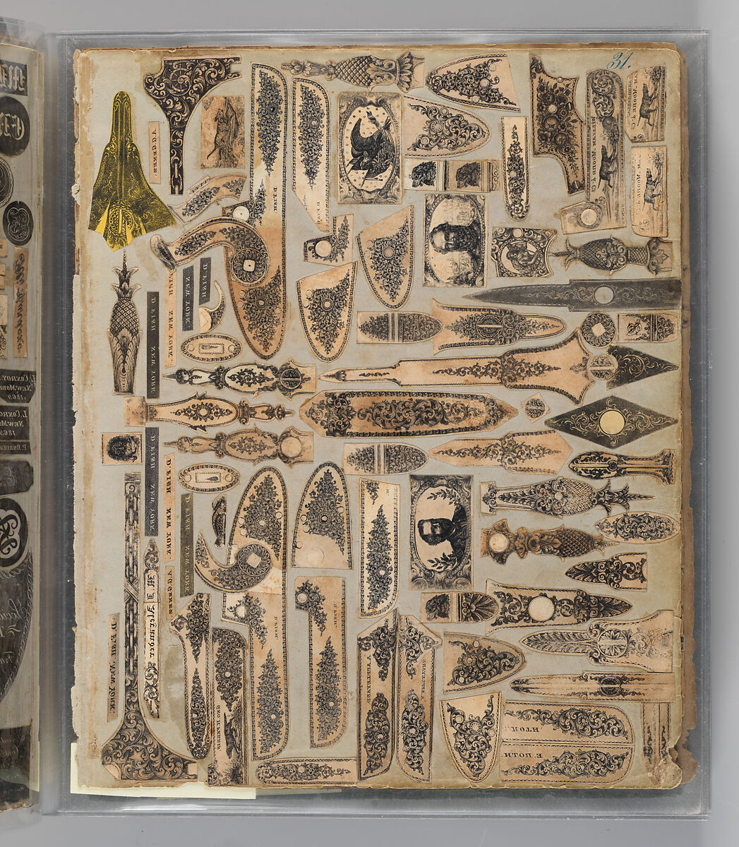 Workbook Recording the Engraved Firearms Ornament of Louis D. Nimschke (1832–1904), Louis Daniel Nimschke (American, born Ebersdorf, Reuss Schleiz, Germany July 14, 1832–April 9, 1904 Brooklyn, New York), Ink on paper, leather binding, American, New York