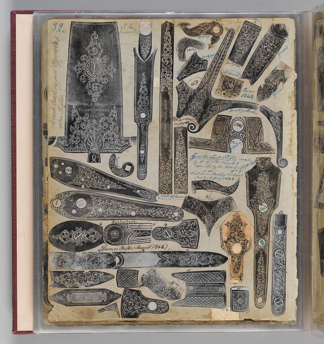 Workbook Recording the Engraved Firearms Ornament of Louis D. Nimschke (1832–1904), Louis Daniel Nimschke (American, born Ebersdorf, Reuss Schleiz, Germany July 14, 1832–April 9, 1904 Brooklyn, New York), Ink on paper, leather binding, American, New York