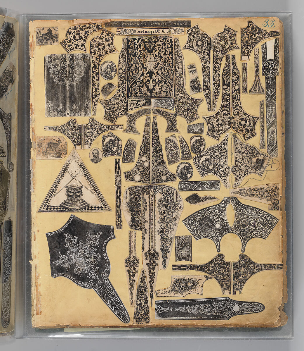 Workbook Recording the Engraved Firearms Ornament of Louis D. Nimschke (1832–1904), Louis Daniel Nimschke (American, born Ebersdorf, Reuss Schleiz, Germany July 14, 1832–April 9, 1904 Brooklyn, New York), Ink on paper, leather binding, American, New York