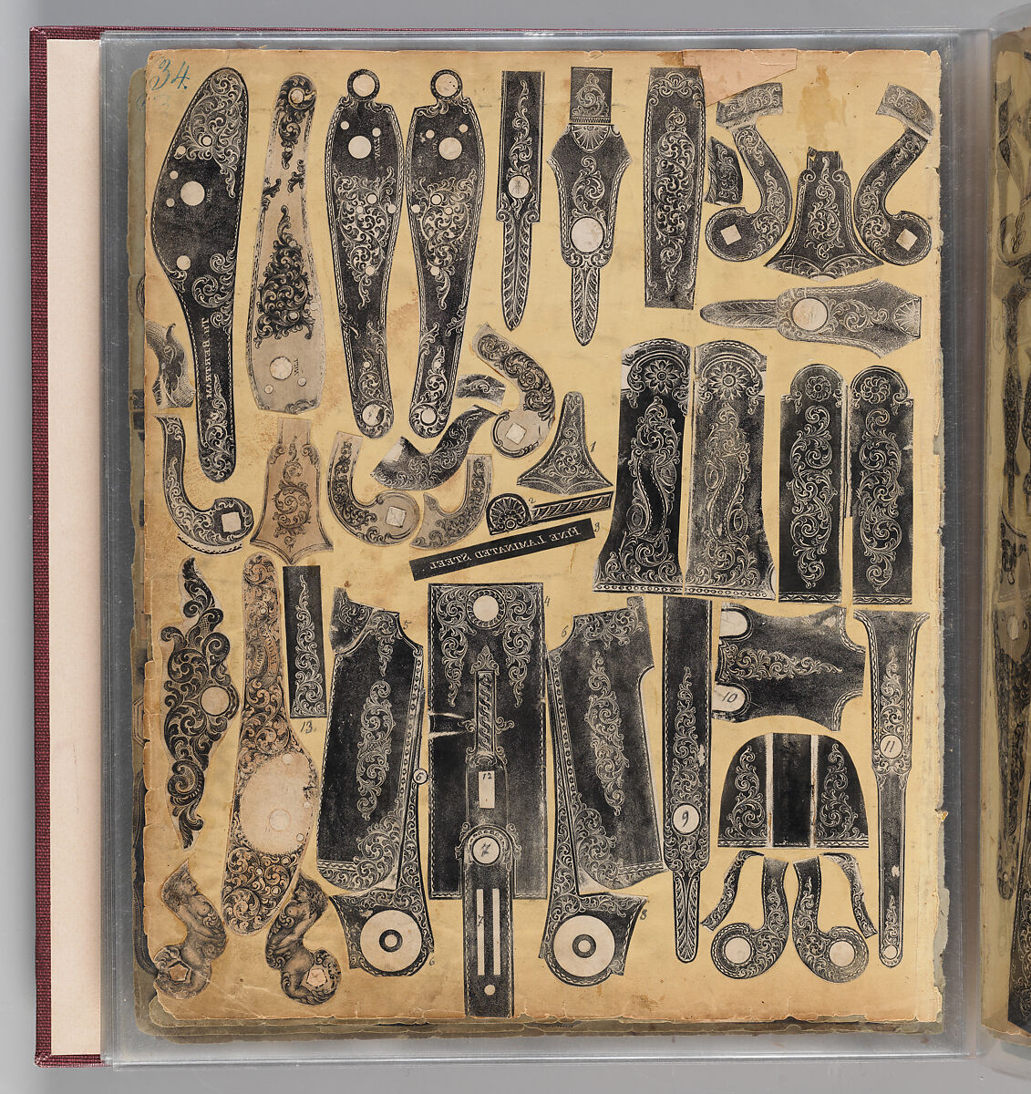 Workbook Recording the Engraved Firearms Ornament of Louis D. Nimschke (1832–1904), Louis Daniel Nimschke (American, born Ebersdorf, Reuss Schleiz, Germany July 14, 1832–April 9, 1904 Brooklyn, New York), Ink on paper, leather binding, American, New York
