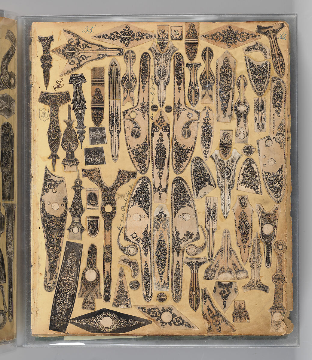 Workbook Recording the Engraved Firearms Ornament of Louis D. Nimschke (1832–1904), Louis Daniel Nimschke (American, born Ebersdorf, Reuss Schleiz, Germany July 14, 1832–April 9, 1904 Brooklyn, New York), Ink on paper, leather binding, American, New York