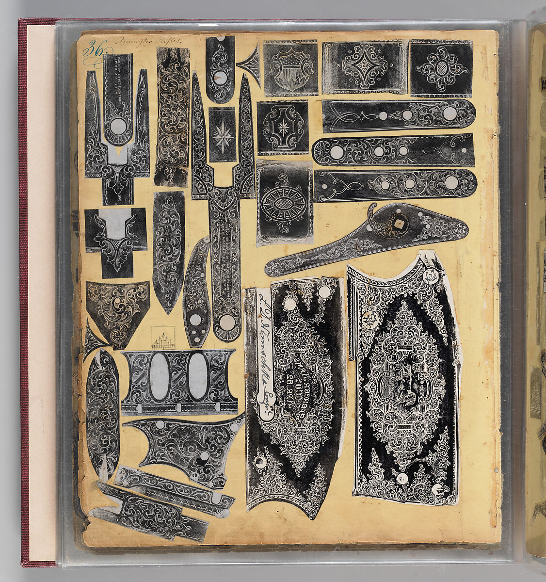 Workbook Recording the Engraved Firearms Ornament of Louis D. Nimschke (1832–1904), Louis Daniel Nimschke (American, born Ebersdorf, Reuss Schleiz, Germany July 14, 1832–April 9, 1904 Brooklyn, New York), Ink on paper, leather binding, American, New York