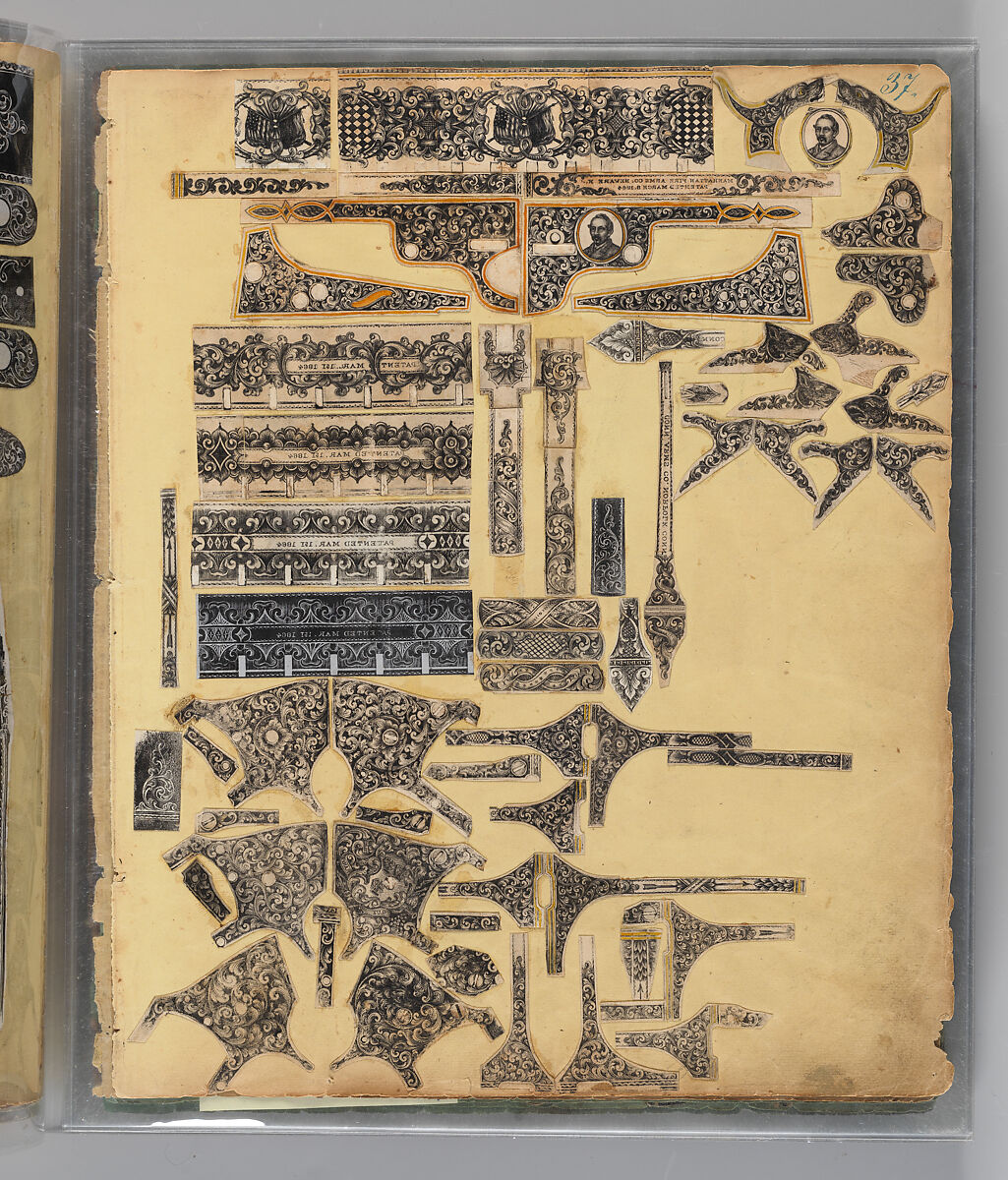 Workbook Recording the Engraved Firearms Ornament of Louis D. Nimschke (1832–1904), Louis Daniel Nimschke (American, born Ebersdorf, Reuss Schleiz, Germany July 14, 1832–April 9, 1904 Brooklyn, New York), Ink on paper, leather binding, American, New York
