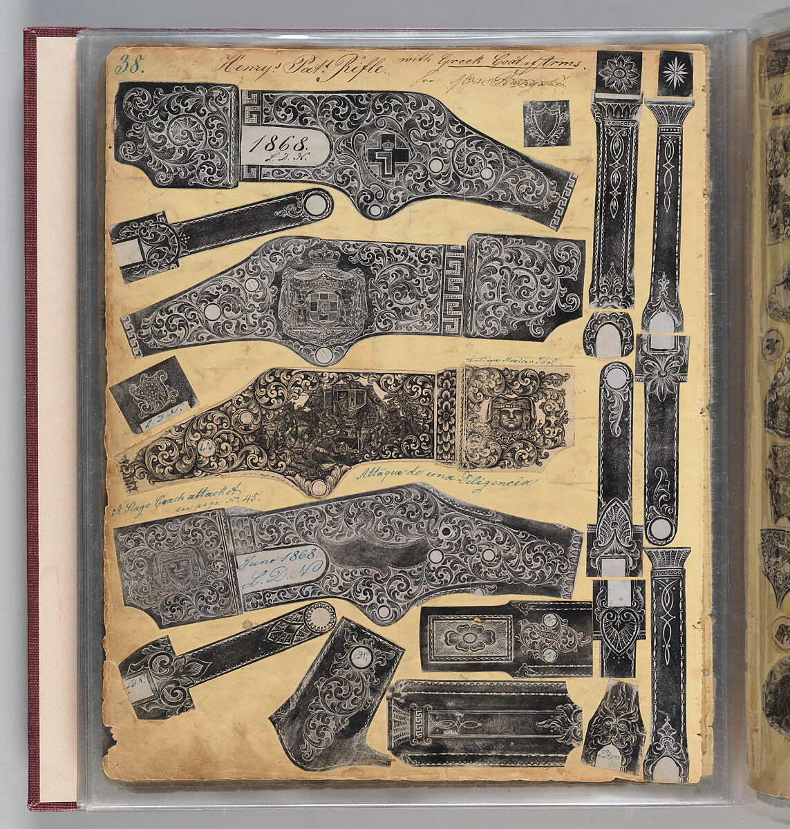 Workbook Recording the Engraved Firearms Ornament of Louis D. Nimschke (1832–1904), Louis Daniel Nimschke (American, born Ebersdorf, Reuss Schleiz, Germany July 14, 1832–April 9, 1904 Brooklyn, New York), Ink on paper, leather binding, American, New York