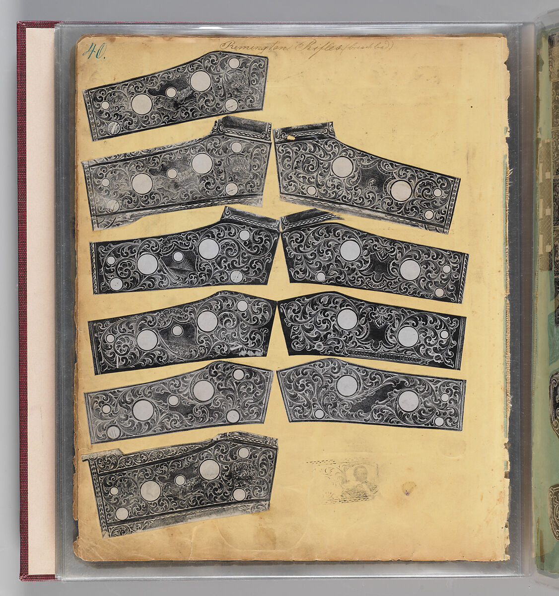 Workbook Recording the Engraved Firearms Ornament of Louis D. Nimschke (1832–1904), Louis Daniel Nimschke (American, born Ebersdorf, Reuss Schleiz, Germany July 14, 1832–April 9, 1904 Brooklyn, New York), Ink on paper, leather binding, American, New York