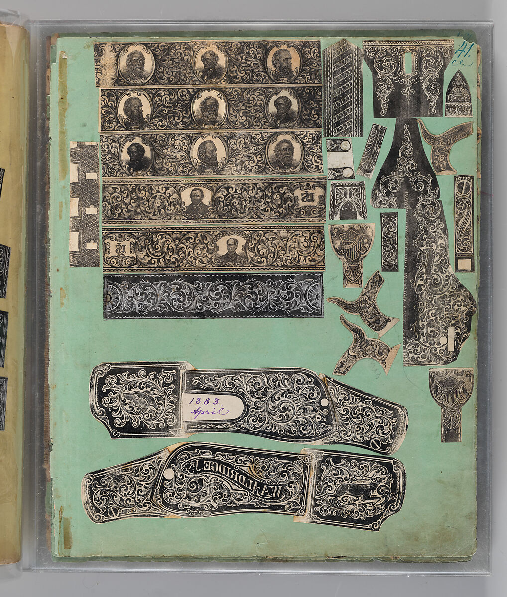 Workbook Recording the Engraved Firearms Ornament of Louis D. Nimschke (1832–1904), Louis Daniel Nimschke (American, born Ebersdorf, Reuss Schleiz, Germany July 14, 1832–April 9, 1904 Brooklyn, New York), Ink on paper, leather binding, American, New York