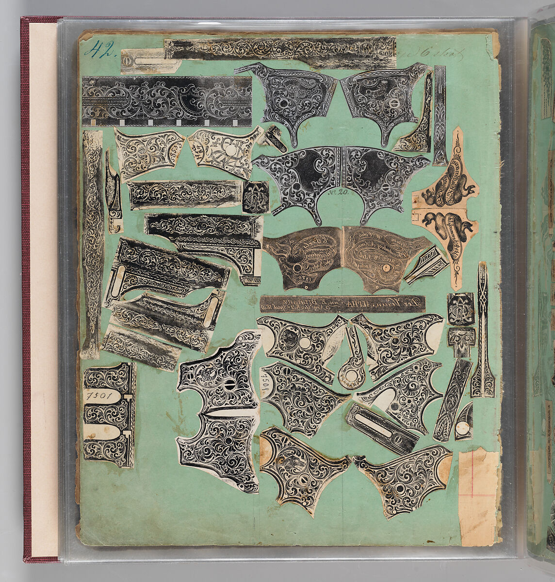 Workbook Recording the Engraved Firearms Ornament of Louis D. Nimschke (1832–1904), Louis Daniel Nimschke (American, born Ebersdorf, Reuss Schleiz, Germany July 14, 1832–April 9, 1904 Brooklyn, New York), Ink on paper, leather binding, American, New York