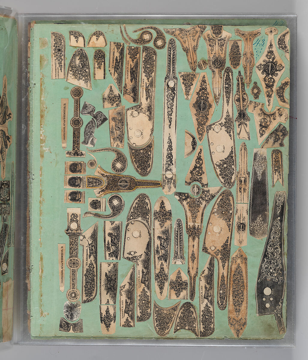 Workbook Recording the Engraved Firearms Ornament of Louis D. Nimschke (1832–1904), Louis Daniel Nimschke (American, born Ebersdorf, Reuss Schleiz, Germany July 14, 1832–April 9, 1904 Brooklyn, New York), Ink on paper, leather binding, American, New York