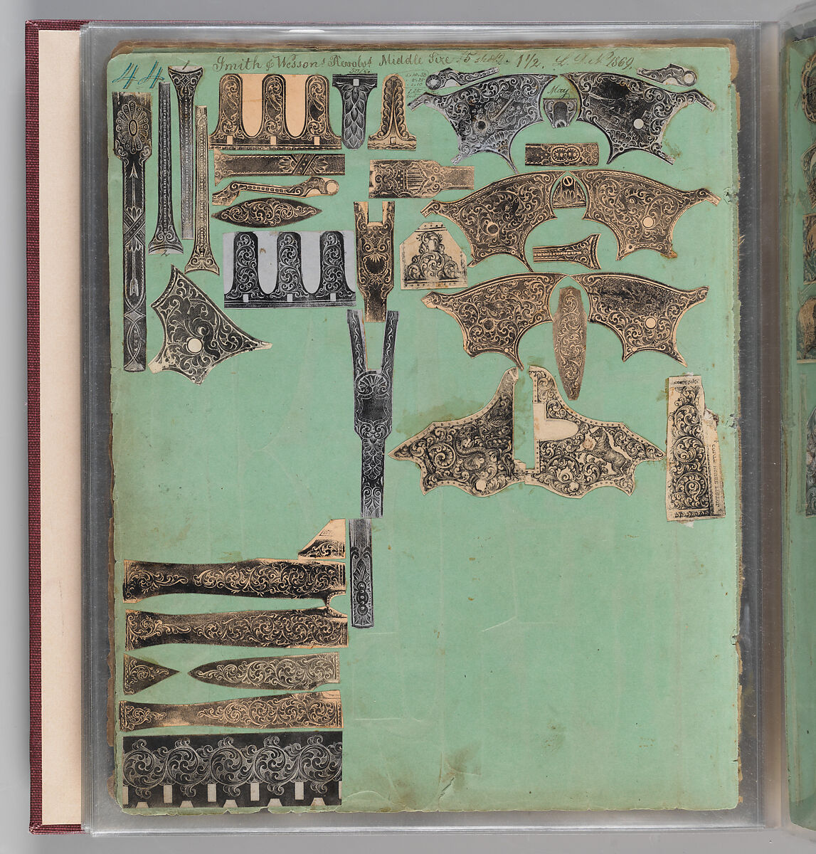 Workbook Recording the Engraved Firearms Ornament of Louis D. Nimschke (1832–1904), Louis Daniel Nimschke (American, born Ebersdorf, Reuss Schleiz, Germany July 14, 1832–April 9, 1904 Brooklyn, New York), Ink on paper, leather binding, American, New York