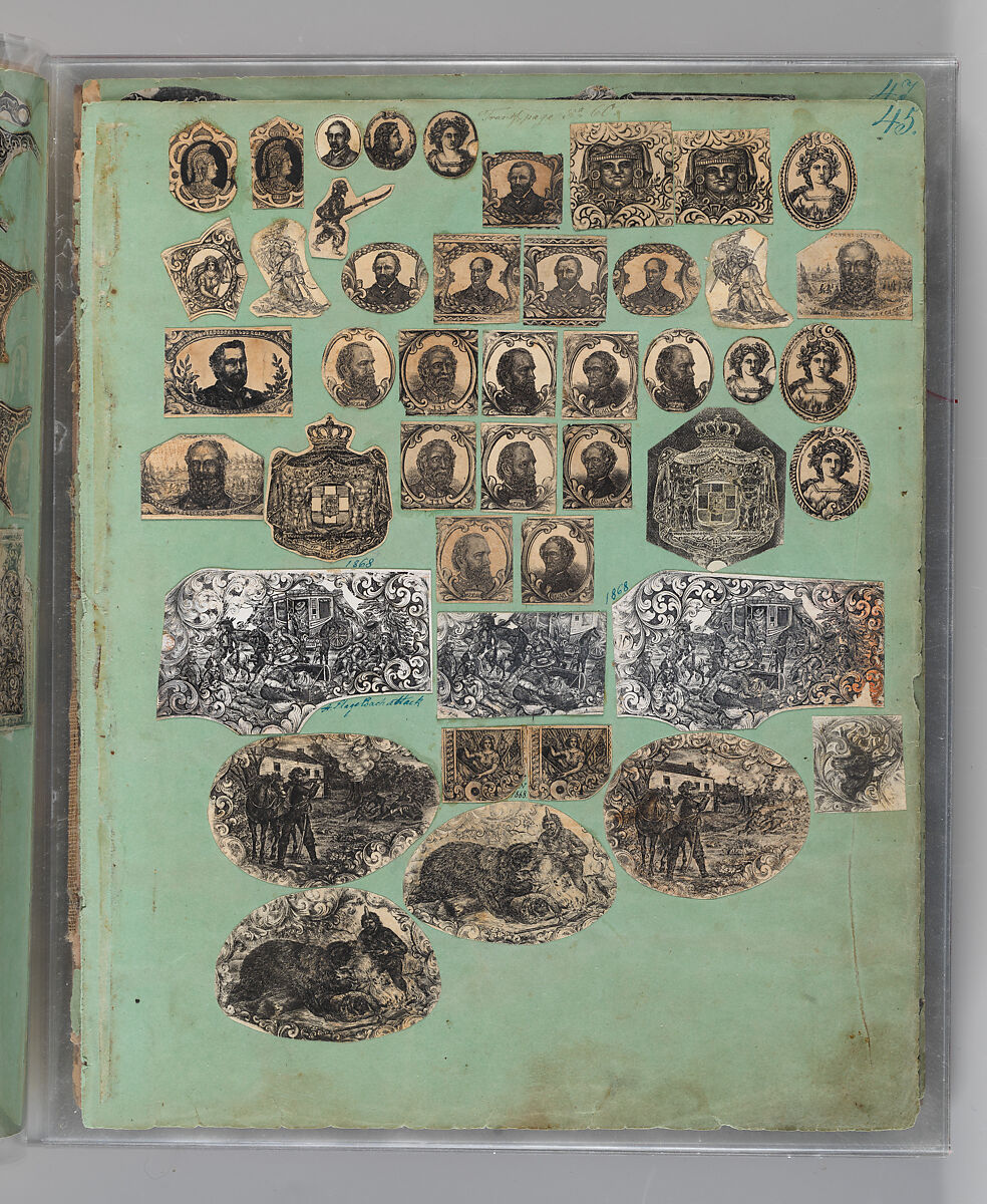 Workbook Recording the Engraved Firearms Ornament of Louis D. Nimschke (1832–1904), Louis Daniel Nimschke (American, born Ebersdorf, Reuss Schleiz, Germany July 14, 1832–April 9, 1904 Brooklyn, New York), Ink on paper, leather binding, American, New York