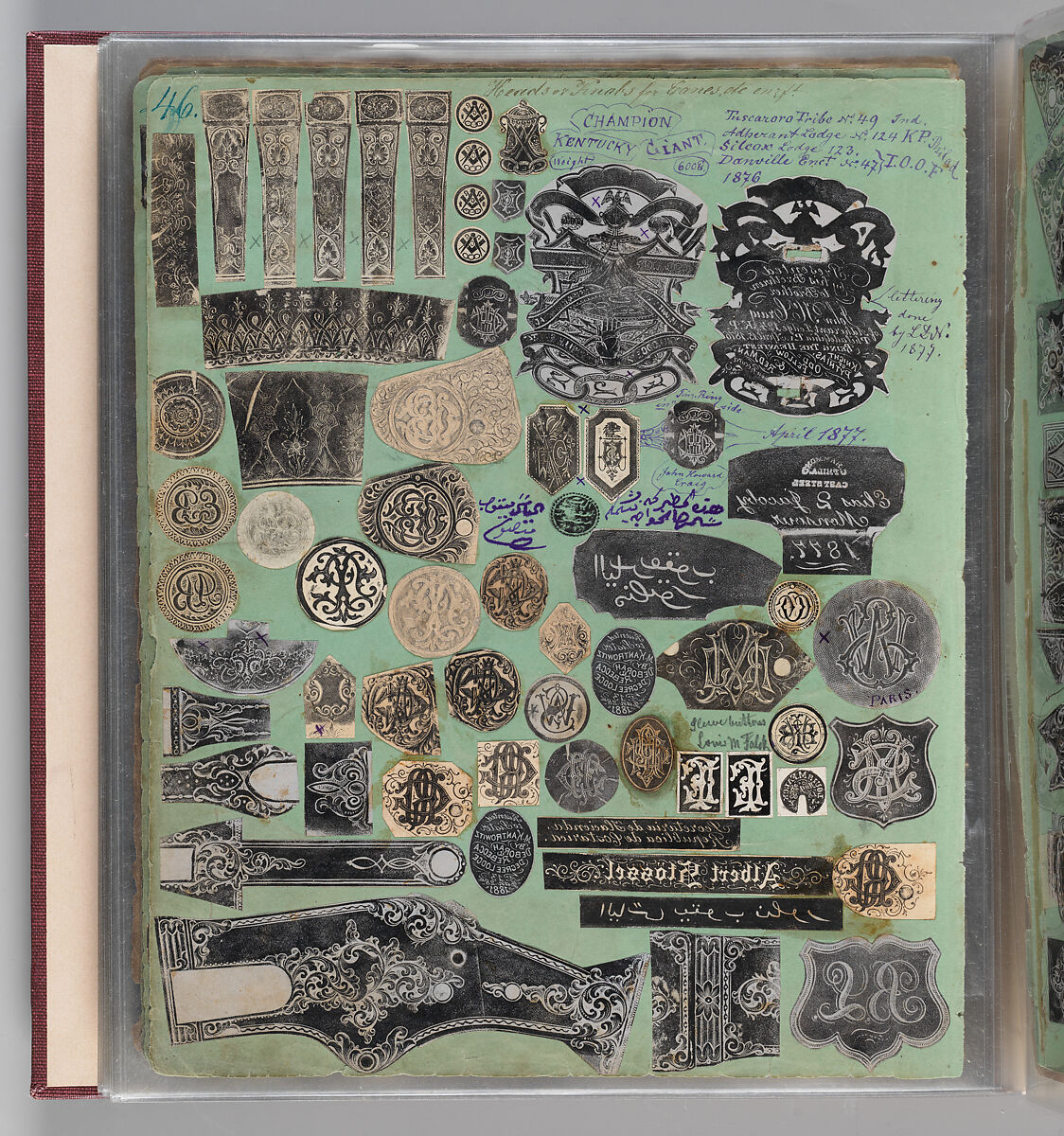 Workbook Recording the Engraved Firearms Ornament of Louis D. Nimschke (1832–1904), Louis Daniel Nimschke (American, born Ebersdorf, Reuss Schleiz, Germany July 14, 1832–April 9, 1904 Brooklyn, New York), Ink on paper, leather binding, American, New York