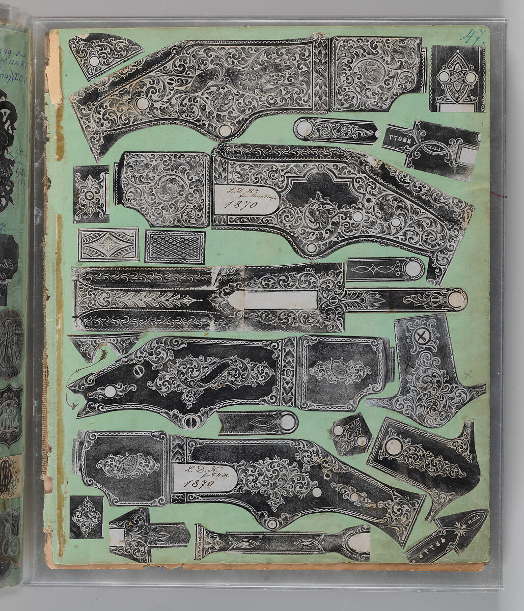 Workbook Recording the Engraved Firearms Ornament of Louis D. Nimschke (1832–1904), Louis Daniel Nimschke (American, born Ebersdorf, Reuss Schleiz, Germany July 14, 1832–April 9, 1904 Brooklyn, New York), Ink on paper, leather binding, American, New York