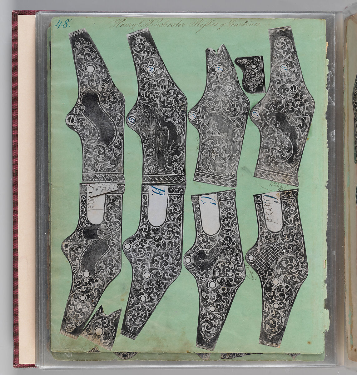 Workbook Recording the Engraved Firearms Ornament of Louis D. Nimschke (1832–1904), Louis Daniel Nimschke (American, born Ebersdorf, Reuss Schleiz, Germany July 14, 1832–April 9, 1904 Brooklyn, New York), Ink on paper, leather binding, American, New York