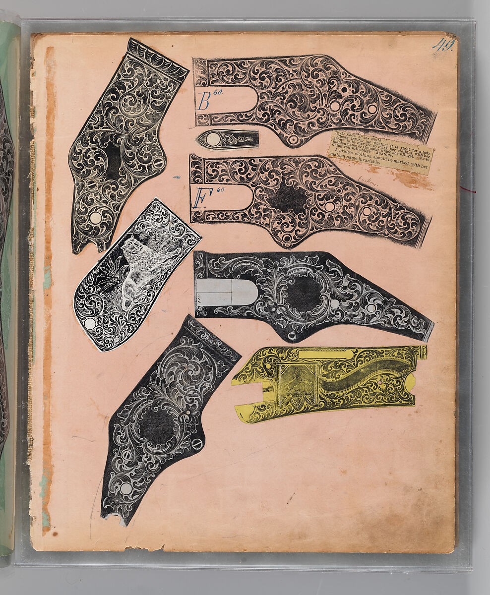 Workbook Recording the Engraved Firearms Ornament of Louis D. Nimschke (1832–1904), Louis Daniel Nimschke (American, born Ebersdorf, Reuss Schleiz, Germany July 14, 1832–April 9, 1904 Brooklyn, New York), Ink on paper, leather binding, American, New York
