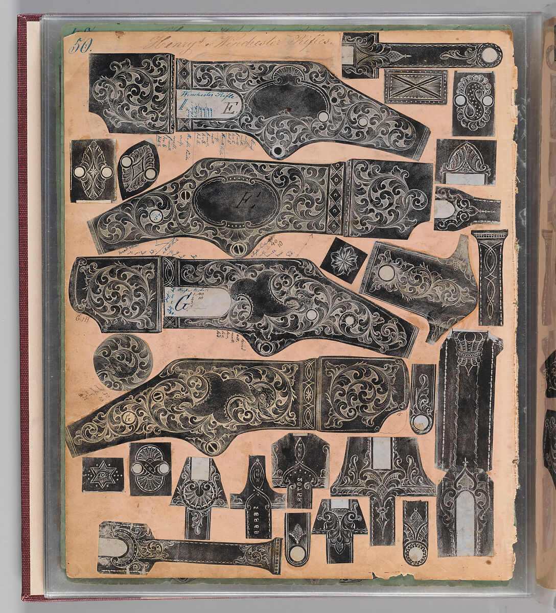 Workbook Recording the Engraved Firearms Ornament of Louis D. Nimschke (1832–1904), Louis Daniel Nimschke (American, born Ebersdorf, Reuss Schleiz, Germany July 14, 1832–April 9, 1904 Brooklyn, New York), Ink on paper, leather binding, American, New York