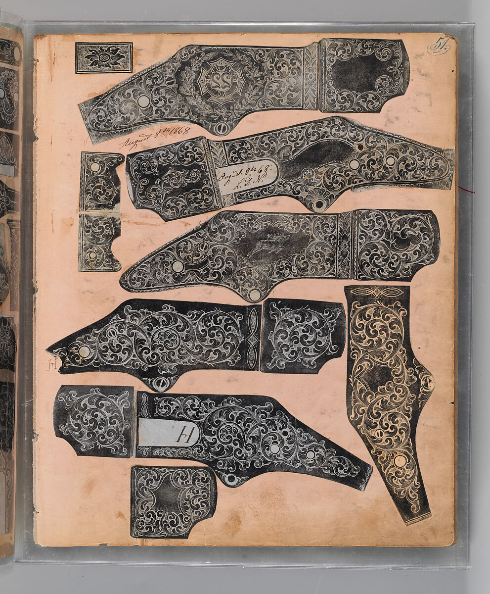 Workbook Recording the Engraved Firearms Ornament of Louis D. Nimschke (1832–1904), Louis Daniel Nimschke (American, born Ebersdorf, Reuss Schleiz, Germany July 14, 1832–April 9, 1904 Brooklyn, New York), Ink on paper, leather binding, American, New York