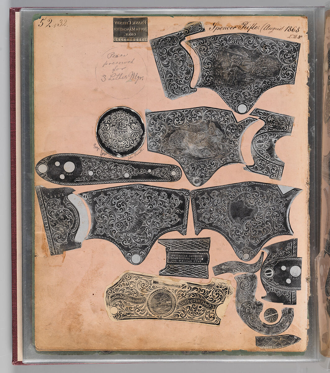 Workbook Recording the Engraved Firearms Ornament of Louis D. Nimschke (1832–1904), Louis Daniel Nimschke (American, born Ebersdorf, Reuss Schleiz, Germany July 14, 1832–April 9, 1904 Brooklyn, New York), Ink on paper, leather binding, American, New York
