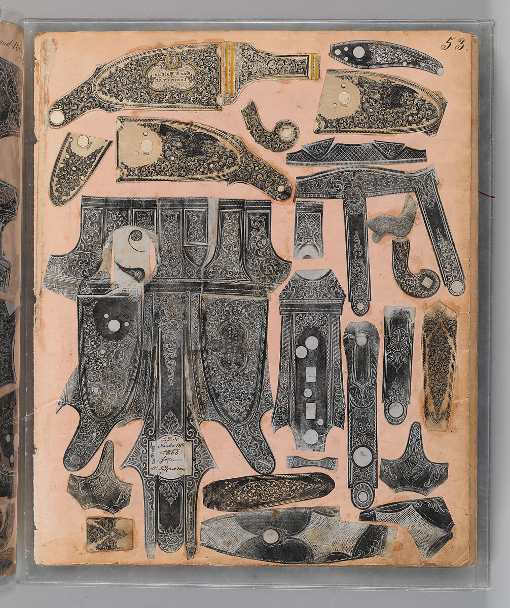 Workbook Recording the Engraved Firearms Ornament of Louis D. Nimschke (1832–1904), Louis Daniel Nimschke (American, born Ebersdorf, Reuss Schleiz, Germany July 14, 1832–April 9, 1904 Brooklyn, New York), Ink on paper, leather binding, American, New York