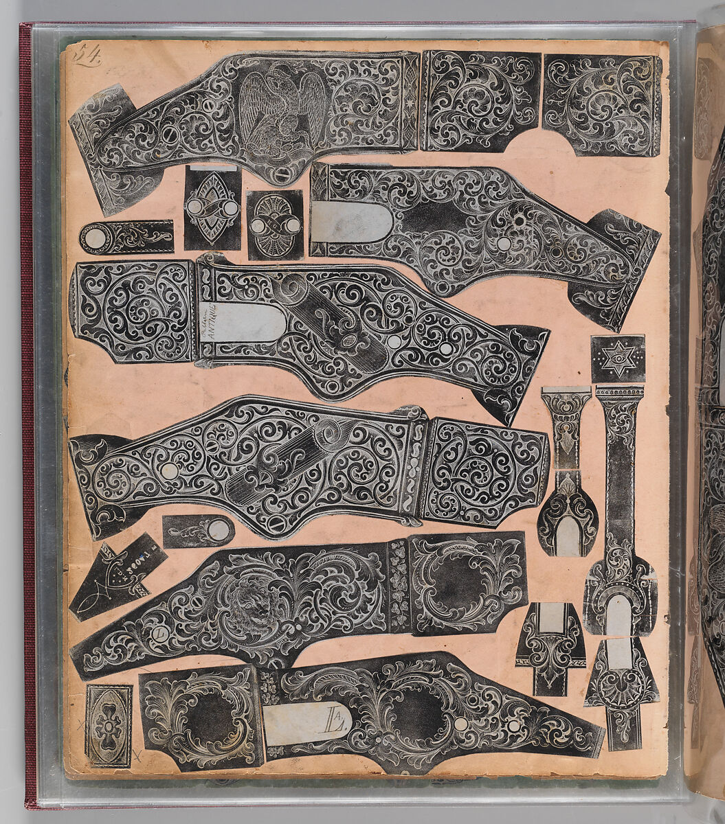 Workbook Recording the Engraved Firearms Ornament of Louis D. Nimschke (1832–1904), Louis Daniel Nimschke (American, born Ebersdorf, Reuss Schleiz, Germany July 14, 1832–April 9, 1904 Brooklyn, New York), Ink on paper, leather binding, American, New York 