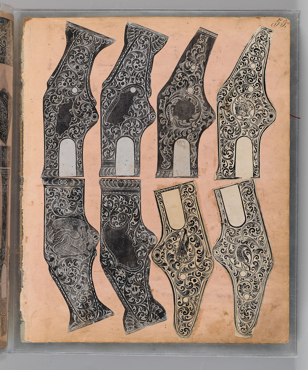Workbook Recording the Engraved Firearms Ornament of Louis D. Nimschke (1832–1904), Louis Daniel Nimschke (American, born Ebersdorf, Reuss Schleiz, Germany July 14, 1832–April 9, 1904 Brooklyn, New York), Ink on paper, leather binding, American, New York
