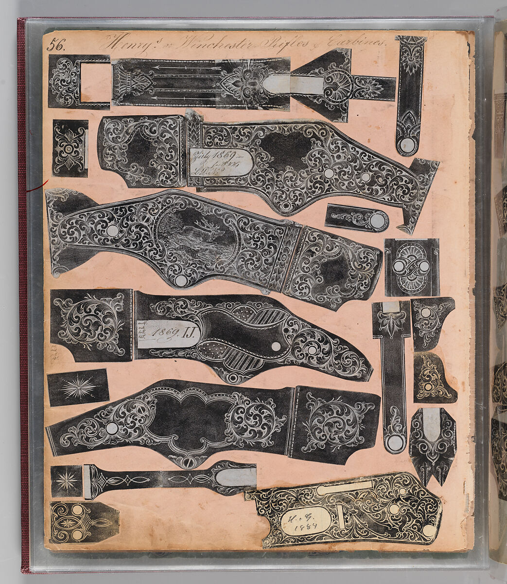 Workbook Recording the Engraved Firearms Ornament of Louis D. Nimschke (1832–1904), Louis Daniel Nimschke (American, born Ebersdorf, Reuss Schleiz, Germany July 14, 1832–April 9, 1904 Brooklyn, New York), Ink on paper, leather binding, American, New York