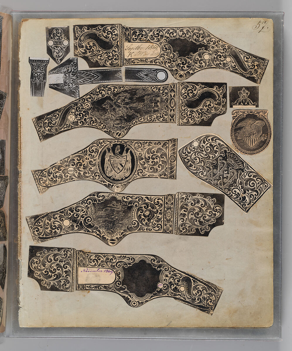 Workbook Recording the Engraved Firearms Ornament of Louis D. Nimschke (1832–1904), Louis Daniel Nimschke (American, born Ebersdorf, Reuss Schleiz, Germany July 14, 1832–April 9, 1904 Brooklyn, New York), Ink on paper, leather binding, American, New York