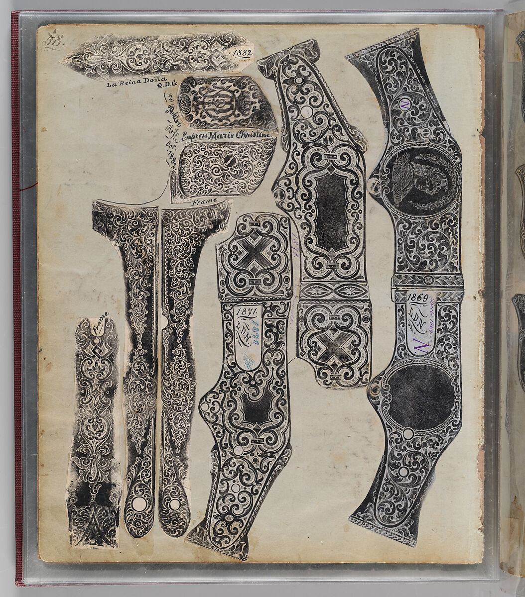Workbook Recording the Engraved Firearms Ornament of Louis D. Nimschke (1832–1904), Louis Daniel Nimschke (American, born Ebersdorf, Reuss Schleiz, Germany July 14, 1832–April 9, 1904 Brooklyn, New York), Ink on paper, leather binding, American, New York