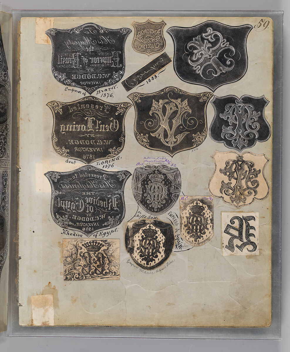 Workbook Recording the Engraved Firearms Ornament of Louis D. Nimschke (1832–1904), Louis Daniel Nimschke (American, born Ebersdorf, Reuss Schleiz, Germany July 14, 1832–April 9, 1904 Brooklyn, New York), Ink on paper, leather binding, American, New York