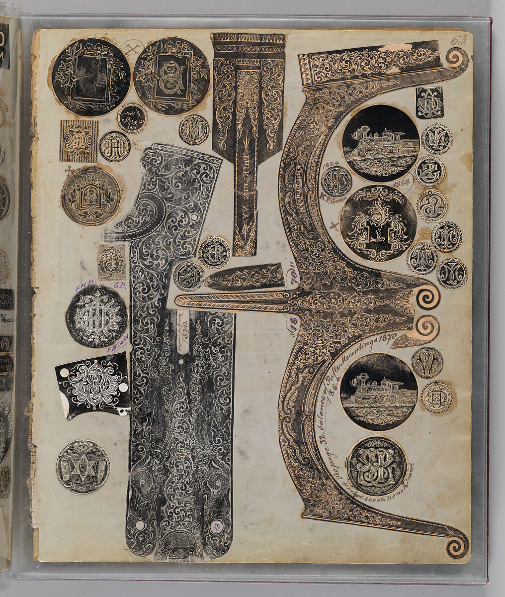 Workbook Recording the Engraved Firearms Ornament of Louis D. Nimschke (1832–1904), Louis Daniel Nimschke (American, born Ebersdorf, Reuss Schleiz, Germany July 14, 1832–April 9, 1904 Brooklyn, New York), Ink on paper, leather binding, American, New York