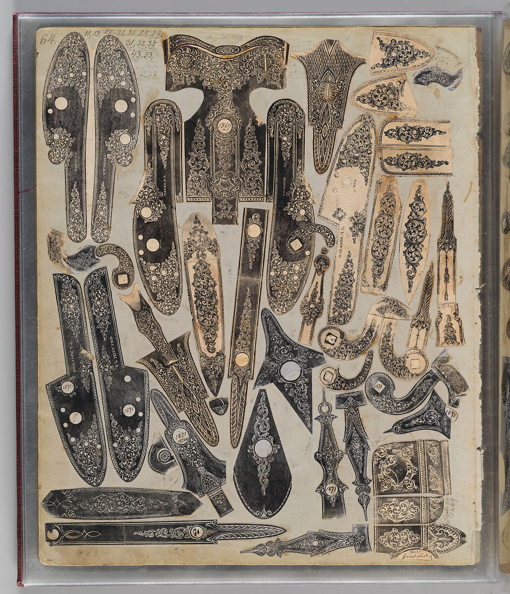 Workbook Recording the Engraved Firearms Ornament of Louis D. Nimschke (1832–1904), Louis Daniel Nimschke (American, born Ebersdorf, Reuss Schleiz, Germany July 14, 1832–April 9, 1904 Brooklyn, New York), Ink on paper, leather binding, American, New York
