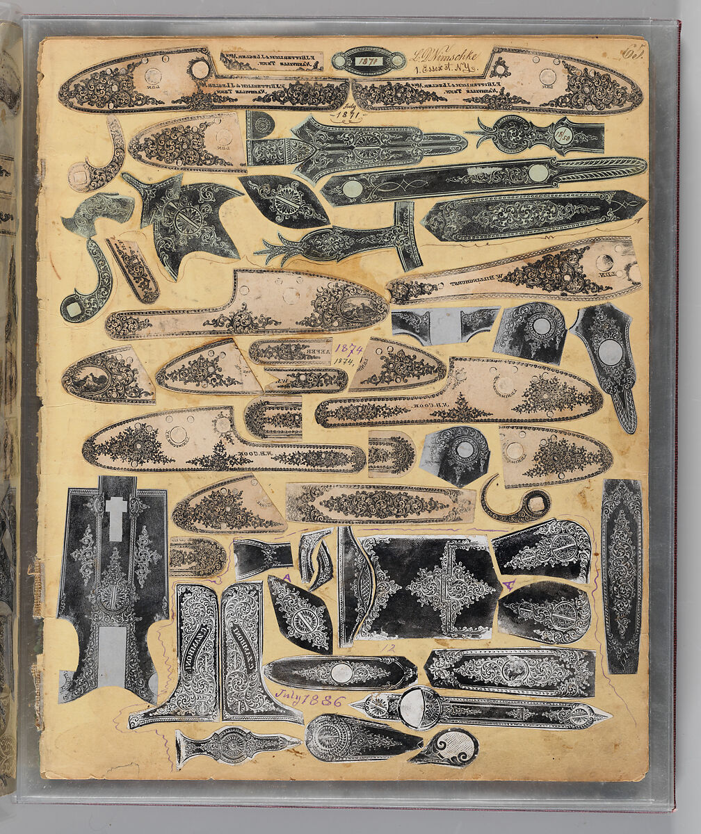 Workbook Recording the Engraved Firearms Ornament of Louis D. Nimschke (1832–1904), Louis Daniel Nimschke (American, born Ebersdorf, Reuss Schleiz, Germany July 14, 1832–April 9, 1904 Brooklyn, New York), Ink on paper, leather binding, American, New York
