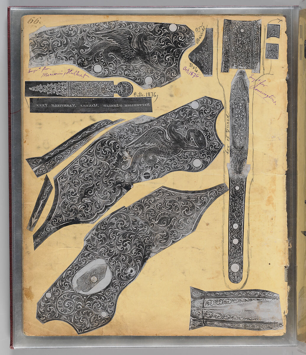 Workbook Recording the Engraved Firearms Ornament of Louis D. Nimschke (1832–1904), Louis Daniel Nimschke (American, born Ebersdorf, Reuss Schleiz, Germany July 14, 1832–April 9, 1904 Brooklyn, New York), Ink on paper, leather binding, American, New York