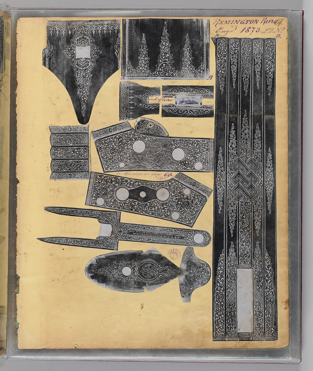 Workbook Recording the Engraved Firearms Ornament of Louis D. Nimschke (1832–1904), Louis Daniel Nimschke (American, born Ebersdorf, Reuss Schleiz, Germany July 14, 1832–April 9, 1904 Brooklyn, New York), Ink on paper, leather binding, American, New York