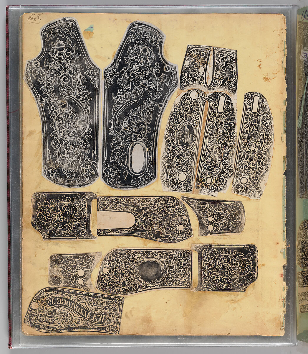 Workbook Recording the Engraved Firearms Ornament of Louis D. Nimschke (1832–1904), Louis Daniel Nimschke (American, born Ebersdorf, Reuss Schleiz, Germany July 14, 1832–April 9, 1904 Brooklyn, New York), Ink on paper, leather binding, American, New York