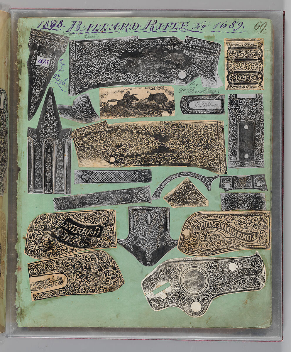 Workbook Recording the Engraved Firearms Ornament of Louis D. Nimschke (1832–1904), Louis Daniel Nimschke (American, born Ebersdorf, Reuss Schleiz, Germany July 14, 1832–April 9, 1904 Brooklyn, New York), Ink on paper, leather binding, American, New York
