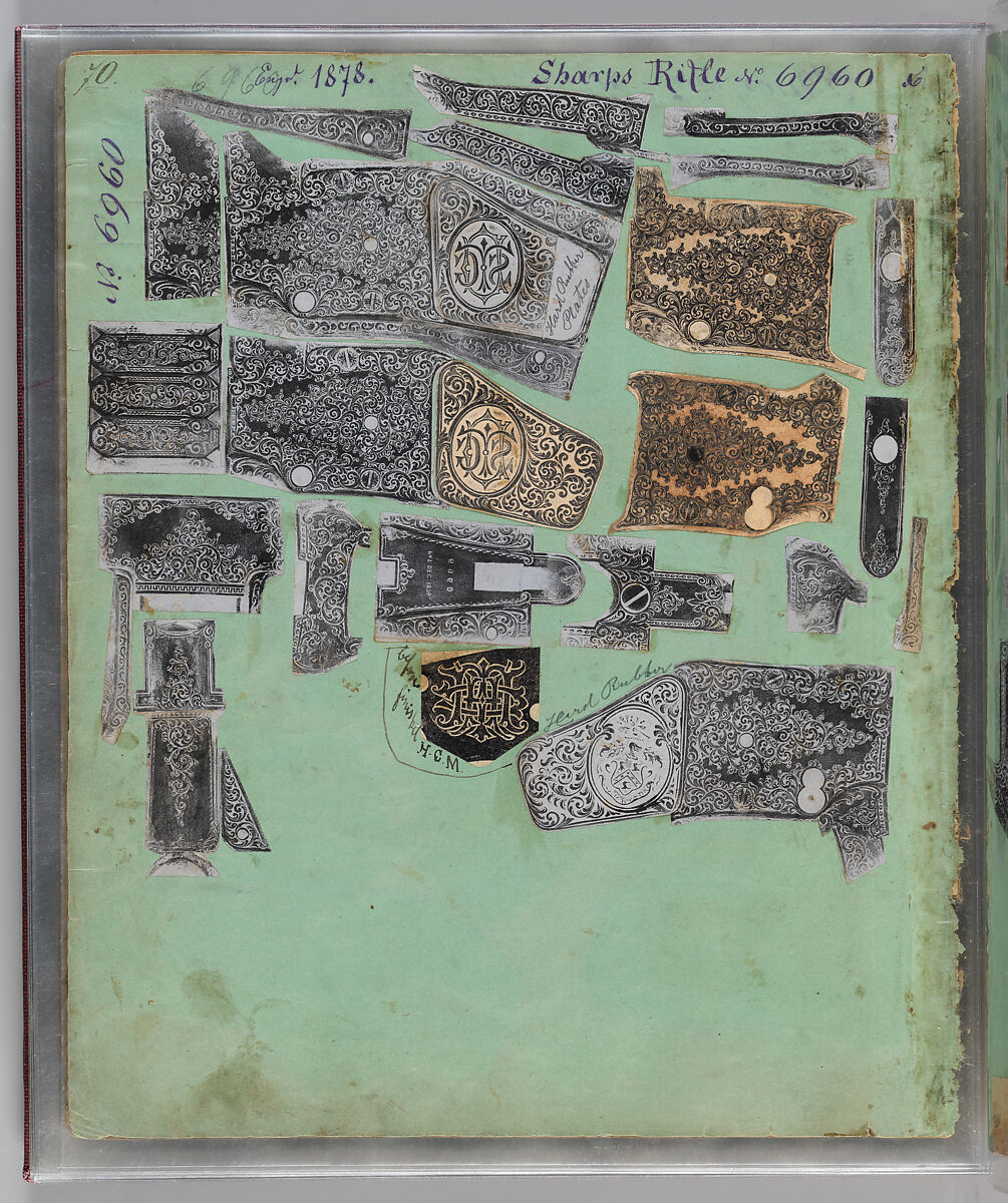 Workbook Recording the Engraved Firearms Ornament of Louis D. Nimschke (1832–1904), Louis Daniel Nimschke (American, born Ebersdorf, Reuss Schleiz, Germany July 14, 1832–April 9, 1904 Brooklyn, New York), Ink on paper, leather binding, American, New York