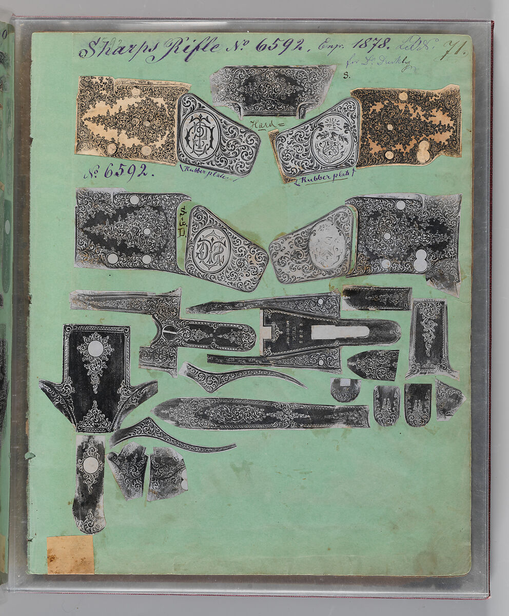 Workbook Recording the Engraved Firearms Ornament of Louis D. Nimschke (1832–1904), Louis Daniel Nimschke (American, born Ebersdorf, Reuss Schleiz, Germany July 14, 1832–April 9, 1904 Brooklyn, New York), Ink on paper, leather binding, American, New York