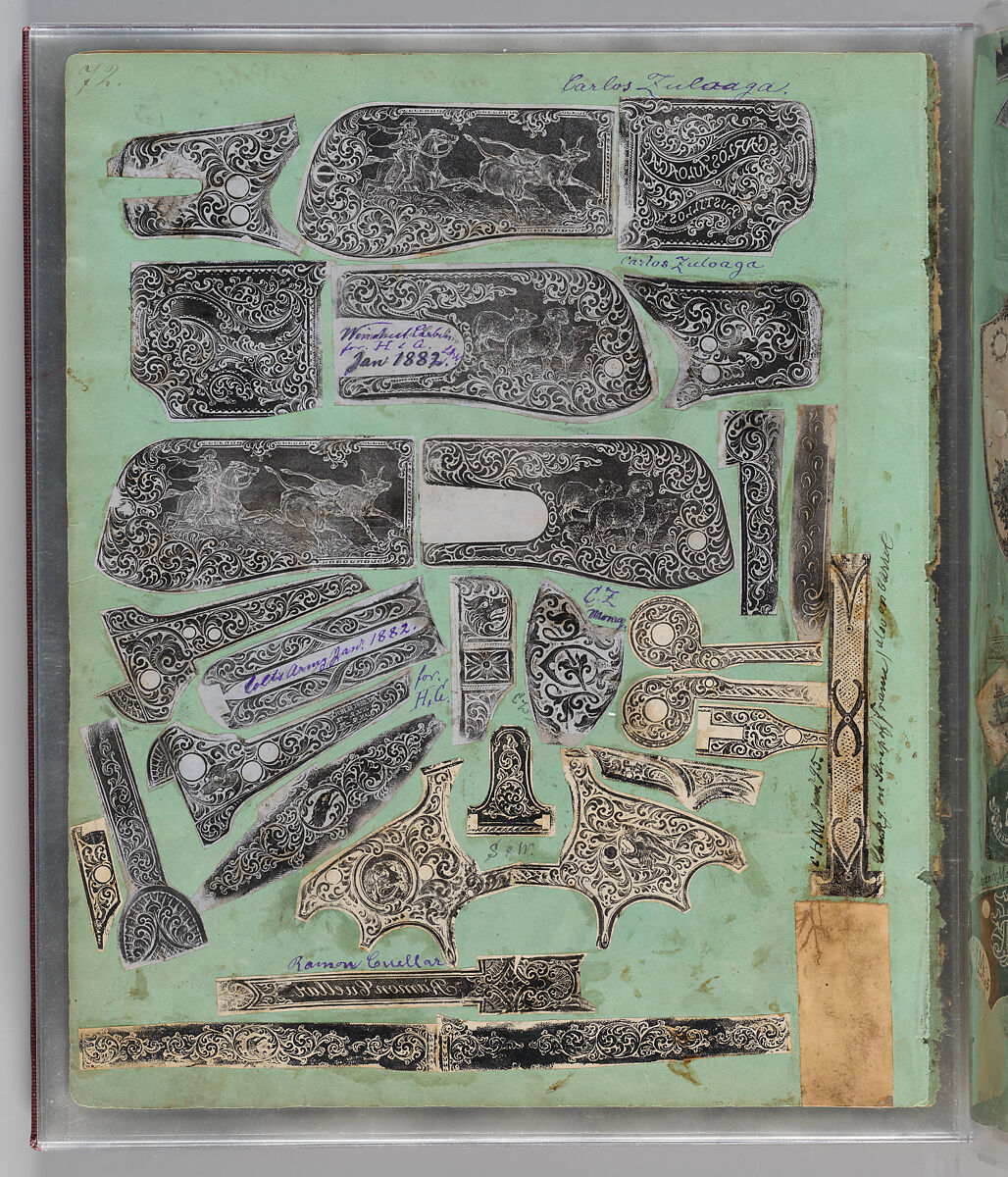 Workbook Recording the Engraved Firearms Ornament of Louis D. Nimschke (1832–1904), Louis Daniel Nimschke (American, born Ebersdorf, Reuss Schleiz, Germany July 14, 1832–April 9, 1904 Brooklyn, New York), Ink on paper, leather binding, American, New York