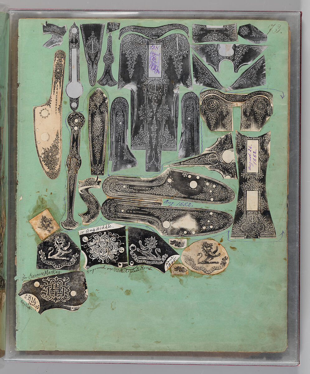 Workbook Recording the Engraved Firearms Ornament of Louis D. Nimschke (1832–1904), Louis Daniel Nimschke (American, born Ebersdorf, Reuss Schleiz, Germany July 14, 1832–April 9, 1904 Brooklyn, New York), Ink on paper, leather binding, American, New York