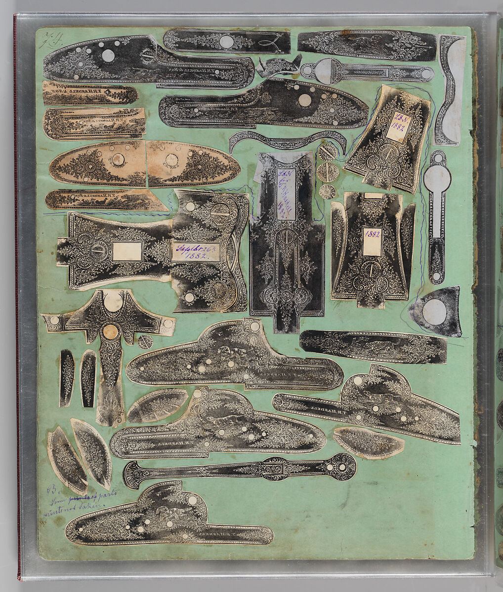 Workbook Recording the Engraved Firearms Ornament of Louis D. Nimschke (1832–1904), Louis Daniel Nimschke (American, born Ebersdorf, Reuss Schleiz, Germany July 14, 1832–April 9, 1904 Brooklyn, New York), Ink on paper, leather binding, American, New York