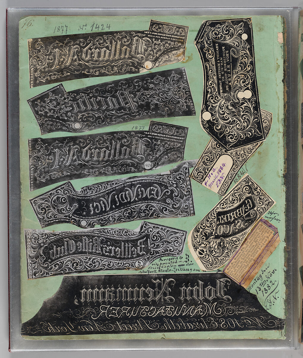 Workbook Recording the Engraved Firearms Ornament of Louis D. Nimschke (1832–1904), Louis Daniel Nimschke (American, born Ebersdorf, Reuss Schleiz, Germany July 14, 1832–April 9, 1904 Brooklyn, New York), Ink on paper, leather binding, American, New York
