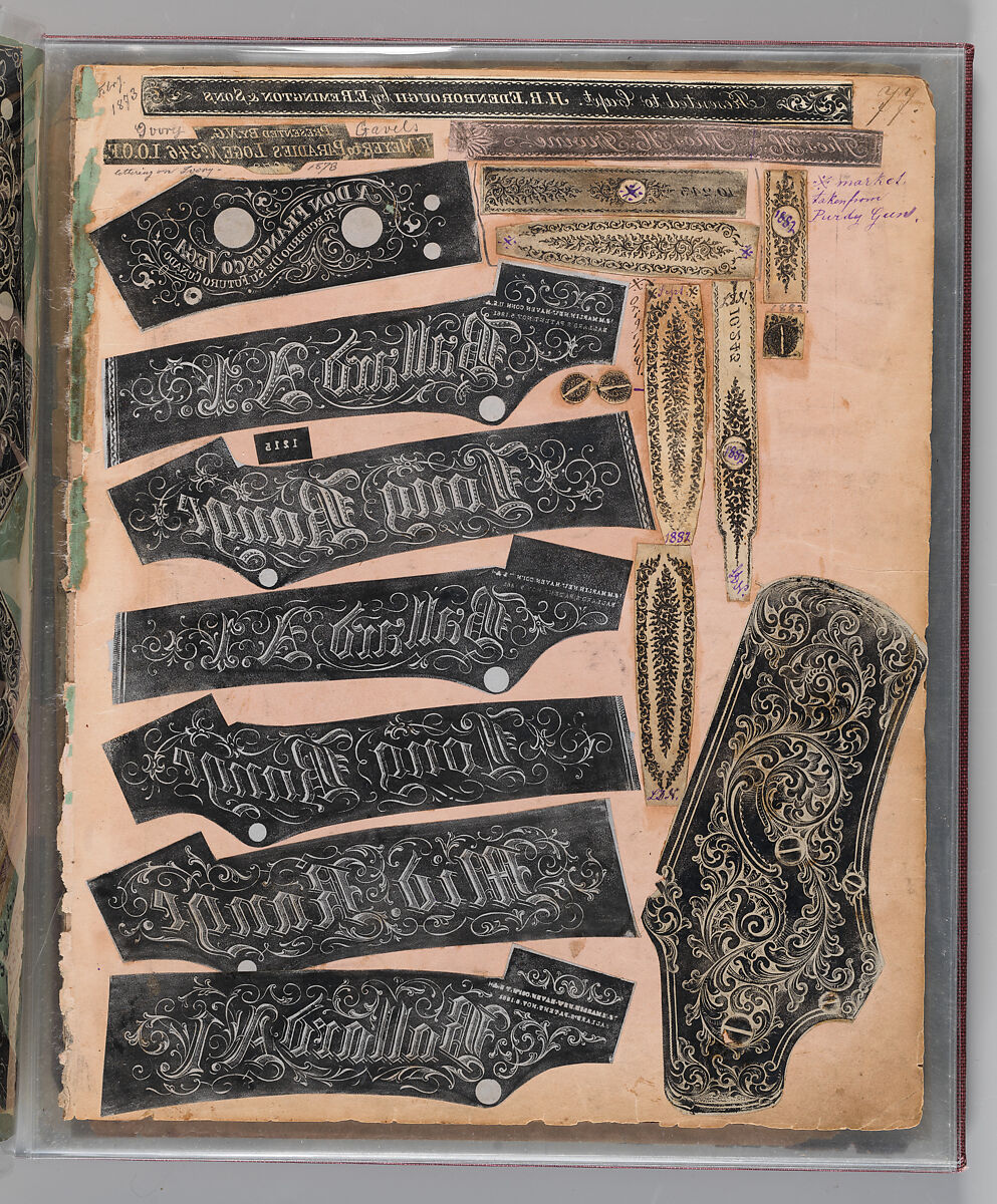 Workbook Recording the Engraved Firearms Ornament of Louis D. Nimschke (1832–1904), Louis Daniel Nimschke (American, born Ebersdorf, Reuss Schleiz, Germany July 14, 1832–April 9, 1904 Brooklyn, New York), Ink on paper, leather binding, American, New York