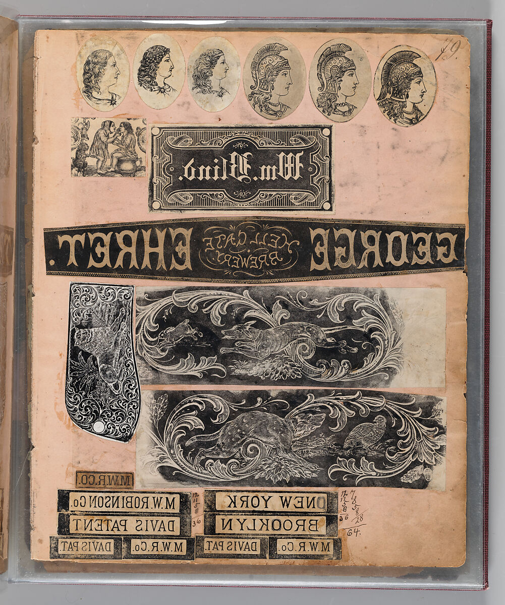 Workbook Recording the Engraved Firearms Ornament of Louis D. Nimschke (1832–1904), Louis Daniel Nimschke (American, born Ebersdorf, Reuss Schleiz, Germany July 14, 1832–April 9, 1904 Brooklyn, New York), Ink on paper, leather binding, American, New York