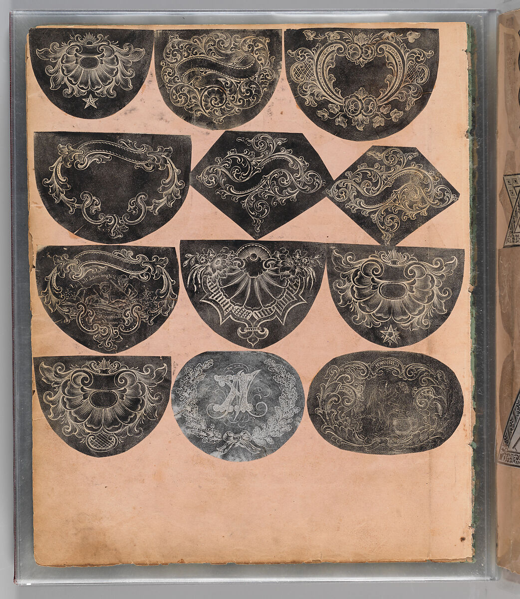 Workbook Recording the Engraved Firearms Ornament of Louis D. Nimschke (1832–1904), Louis Daniel Nimschke (American, born Ebersdorf, Reuss Schleiz, Germany July 14, 1832–April 9, 1904 Brooklyn, New York), Ink on paper, leather binding, American, New York