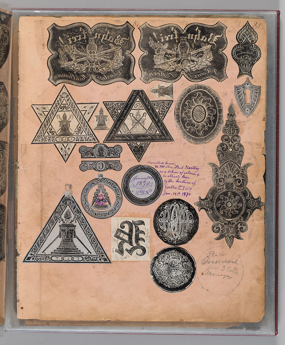 Workbook Recording the Engraved Firearms Ornament of Louis D. Nimschke (1832–1904), Louis Daniel Nimschke (American, born Ebersdorf, Reuss Schleiz, Germany July 14, 1832–April 9, 1904 Brooklyn, New York), Ink on paper, leather binding, American, New York
