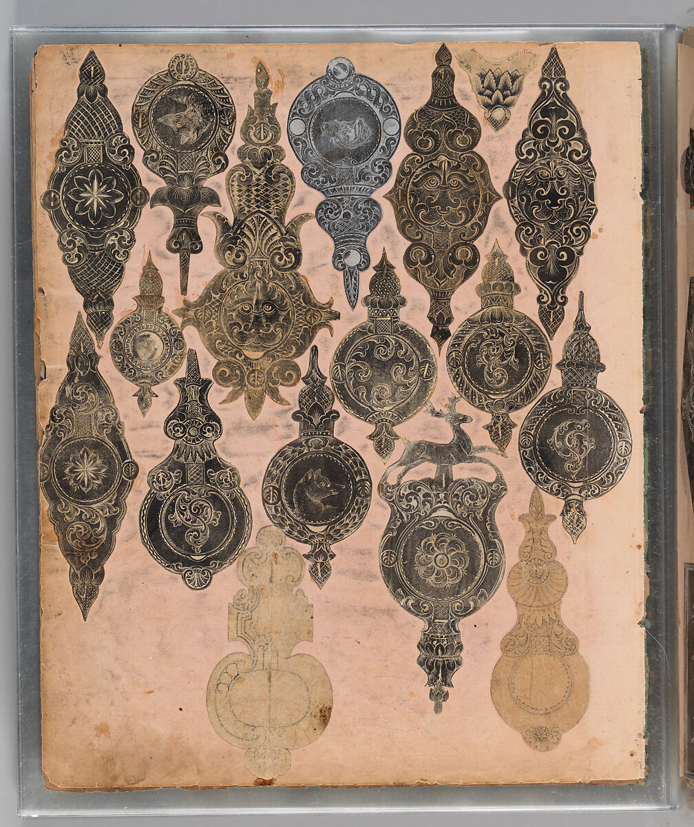 Workbook Recording the Engraved Firearms Ornament of Louis D. Nimschke (1832–1904), Louis Daniel Nimschke (American, born Ebersdorf, Reuss Schleiz, Germany July 14, 1832–April 9, 1904 Brooklyn, New York), Ink on paper, leather binding, American, New York